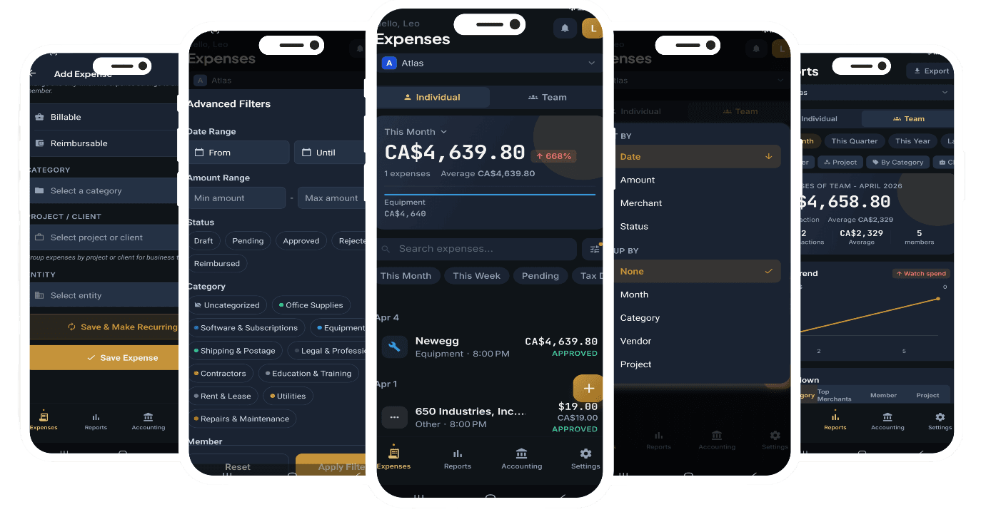 Nomad expense list, receipt review, and reporting screens