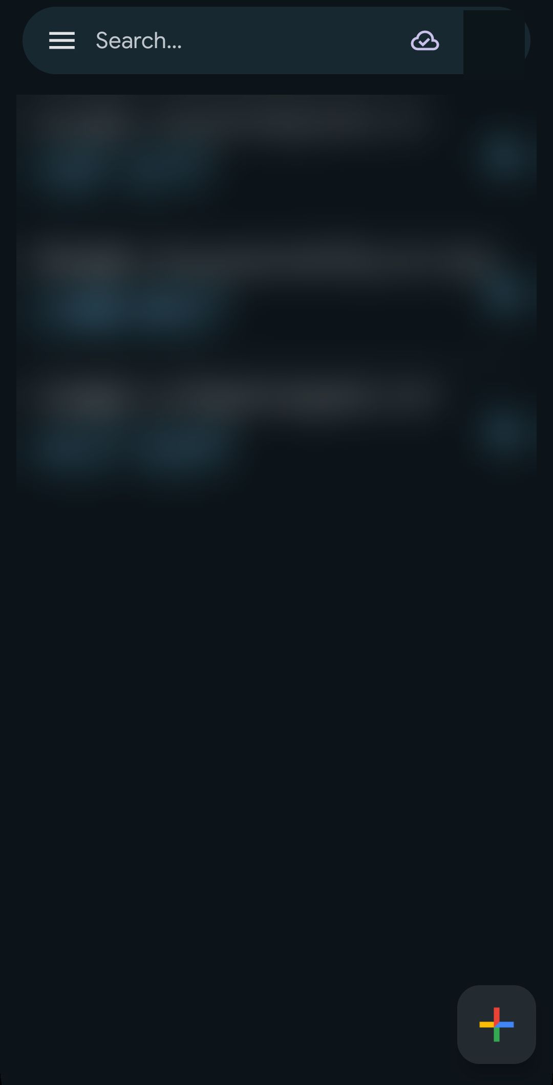 Official Google Authenticator Android example, with account examples blurred. The multicolour + button is at the bottom right.
