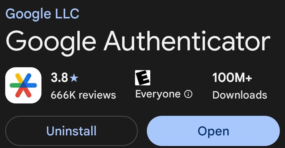 Google Play listing for Google Authenticator by Google LLC, with the Open button because it is already installed.