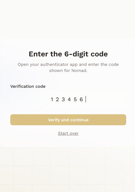 Nomad verification screen with the fictional example code 123456 and Verify and continue button.