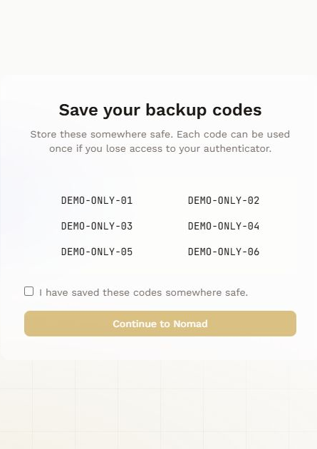 Nomad recovery screen with visibly fictional DEMO-ONLY codes and a confirmation checkbox.