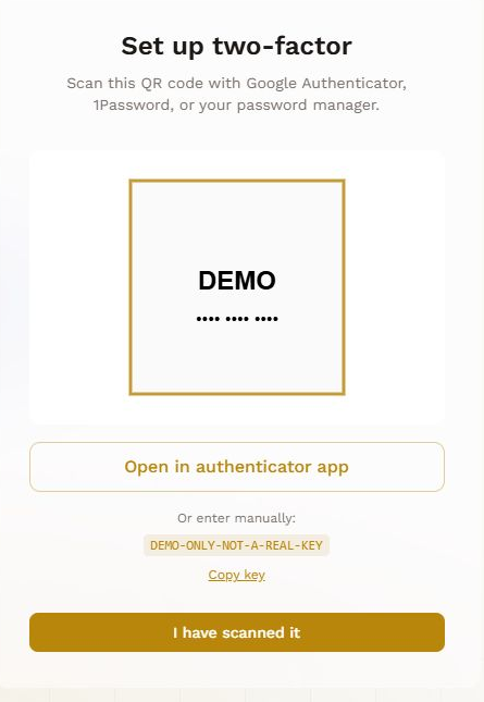 Nomad two-factor setup with a demonstration placeholder instead of a real QR code, and Open in authenticator app, Copy key and I have scanned it buttons.