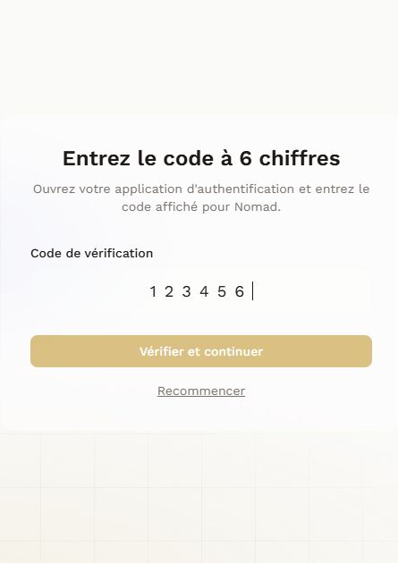 Écran de vérification Nomad avec le code fictif 123456 et le bouton pour vérifier et continuer.