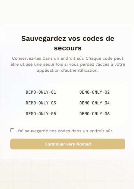 Écran de récupération Nomad avec des codes de démonstration et une case de confirmation.