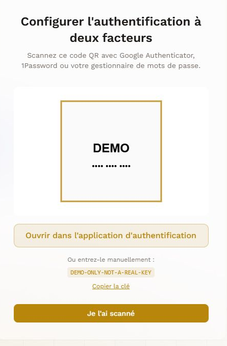 Configuration à deux facteurs dans Nomad : code QR remplacé par une démonstration et boutons pour ouvrir l’application, copier la clé et confirmer la lecture.