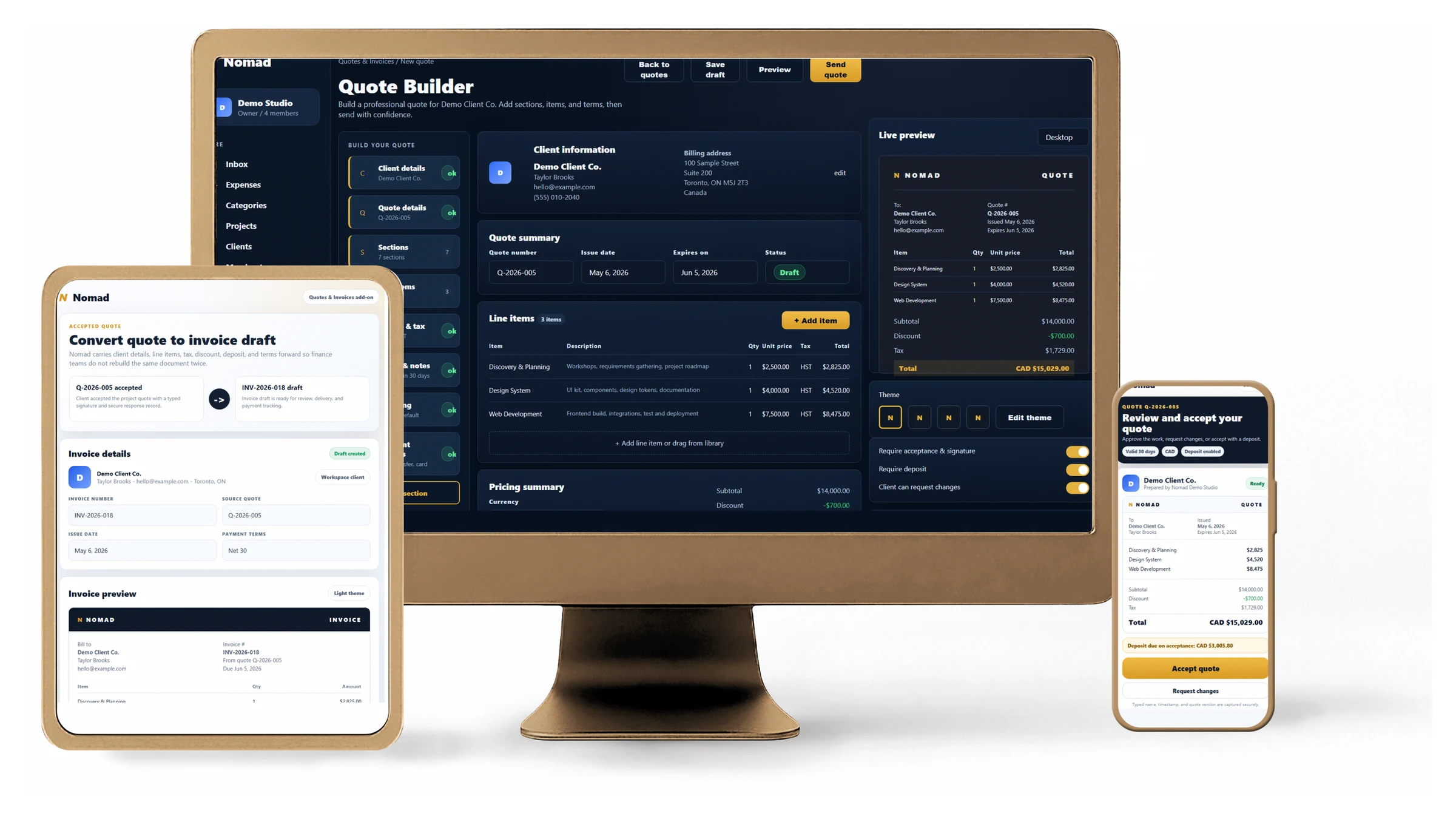 Nomad Quotes and Invoices add-on shown across desktop, tablet, and mobile screens