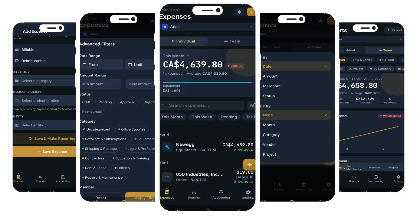 Nomad expense tracker app showing expense management, filters, and reporting features