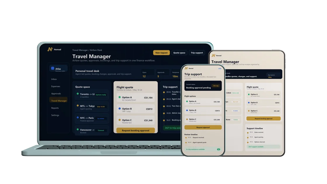 Nomad platform screens showing receipt OCR, Quotes & Invoices, and Travel Manager across devices